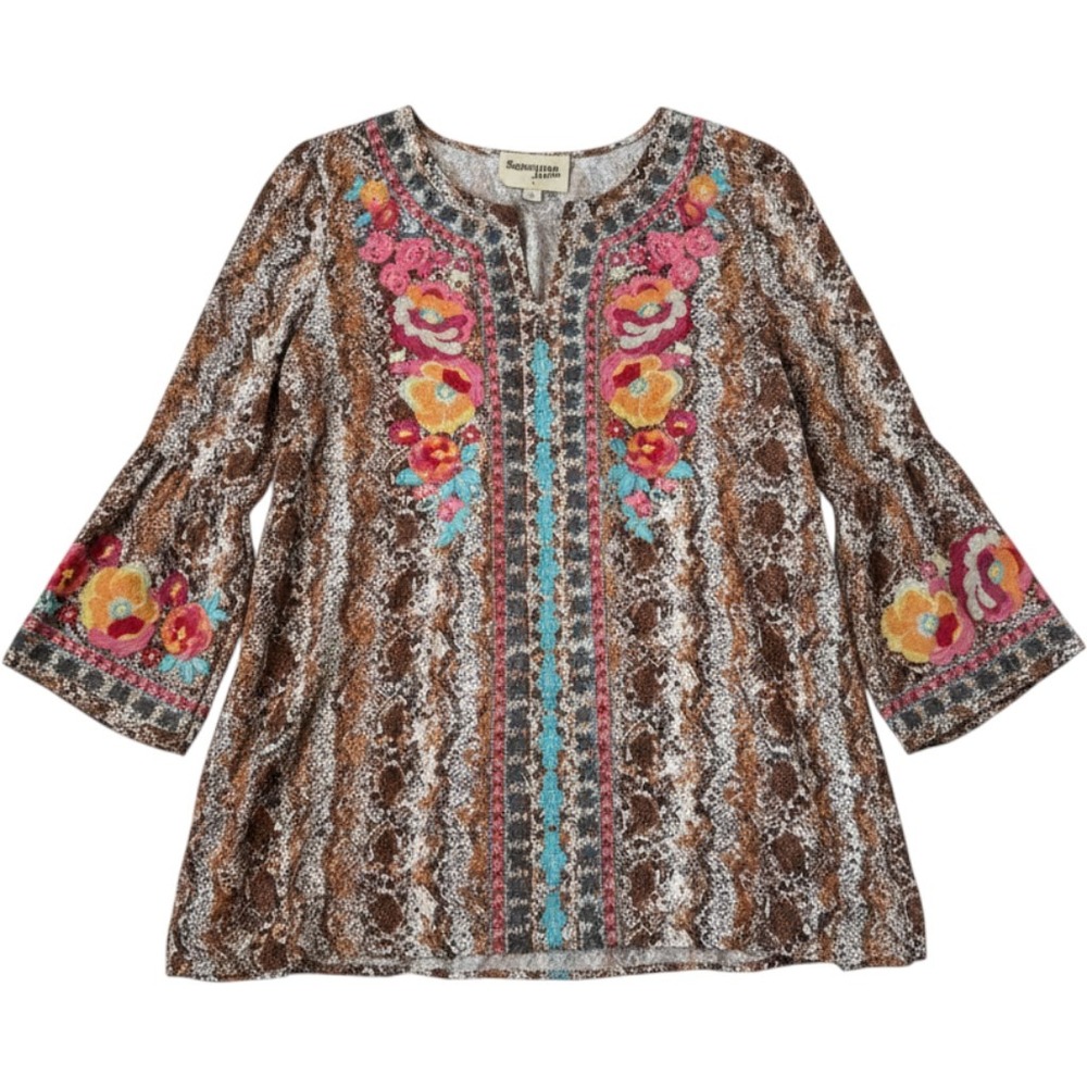 Savanna Jane Tunic L Brown Snakeskin Floral Embroidered Bell Sleeve Boho